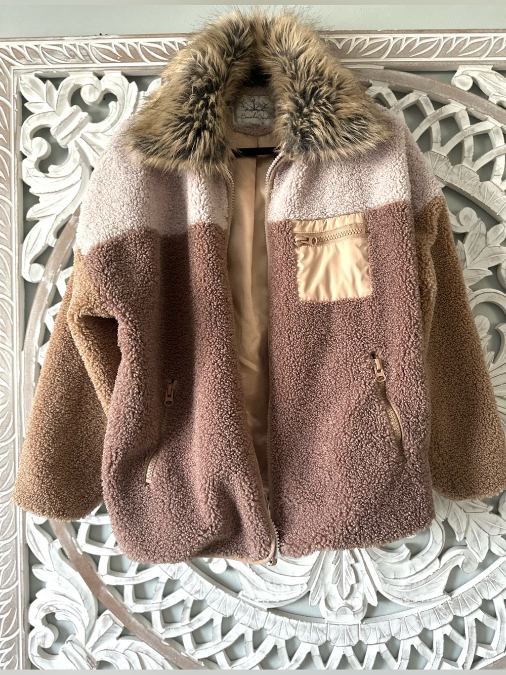 Plush Faux-Fur Trim Teddy Jacket - Brown/Cream